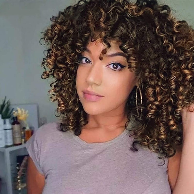 باروكات روزمايل المجعدة للنساء السود  أومبري بني 4T30 باروكة صناعية كاملة للشعر الأفريقي المجعد مع غرة مع مشط احترافي مجاني و 4 أغطية باروكة